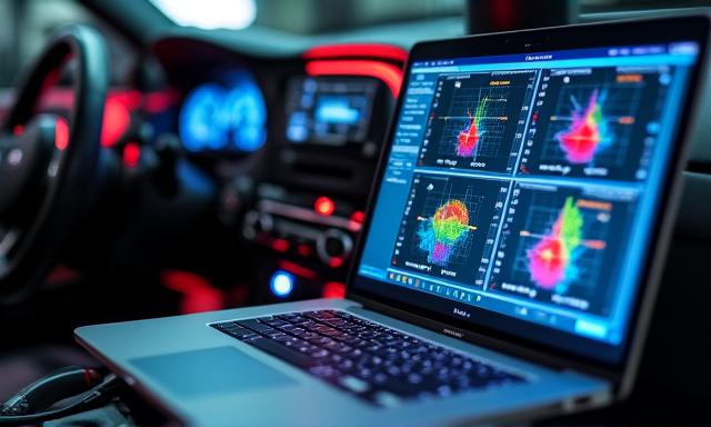 Laptop conectat la portul OBD2 pentru tuning ECU