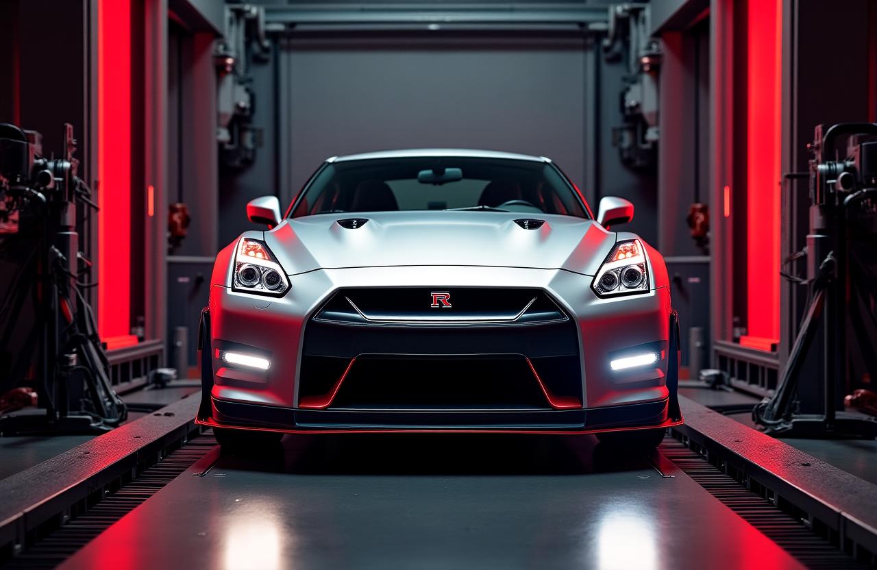 Mașină sport performantă pe standul dyno în atelierul Tundra Torque